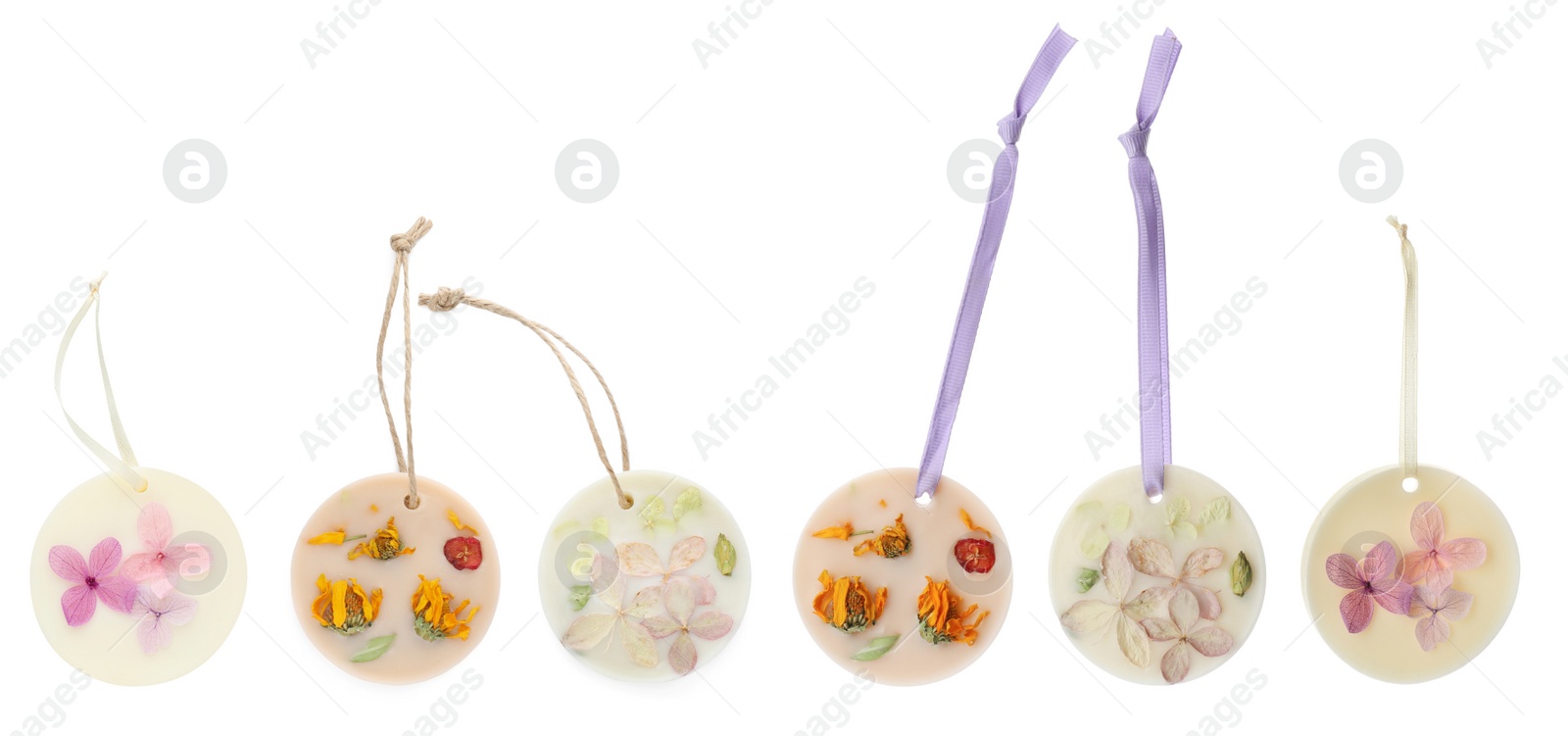 Image of Beautiful scented sachets with dried flowers on white background, collage. Banner design