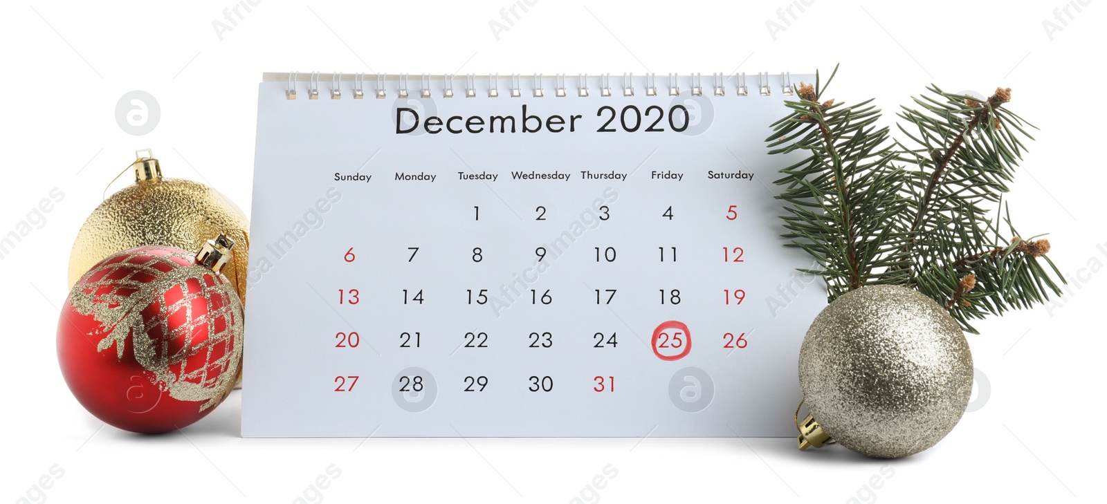 Photo of Flip calendar and decor on white background. Christmas countdown