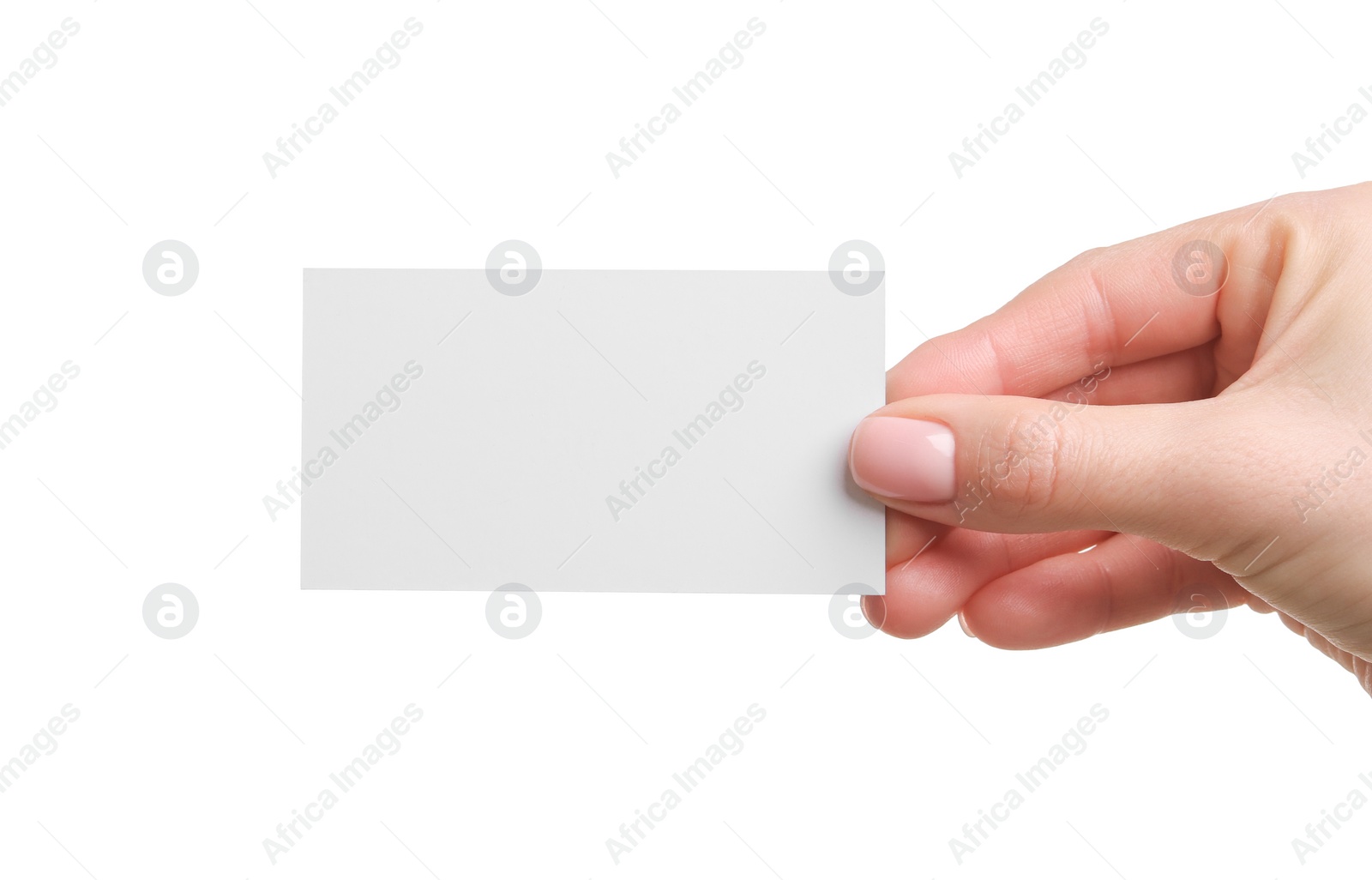 Photo of Woman holding blank business card on white background, closeup. Space for text