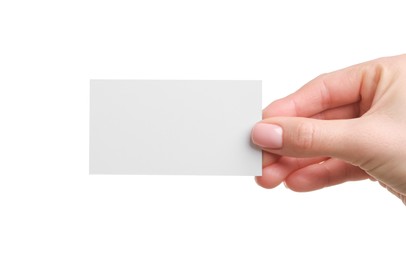 Photo of Woman holding blank business card on white background, closeup. Space for text