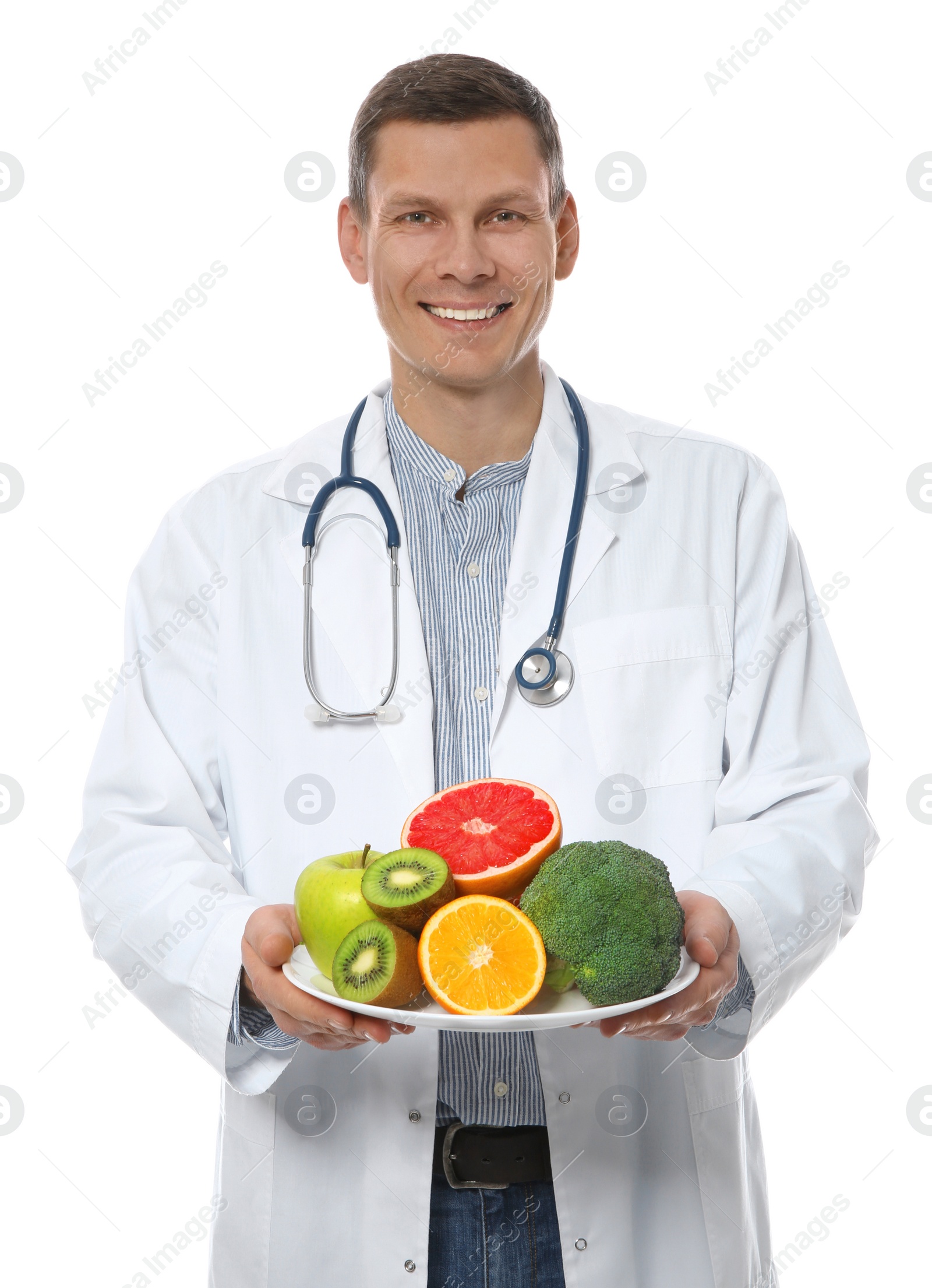 Photo of Nutritionist with healthy products on white background