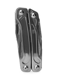 Photo of Compact portable metallic multitool isolated on white