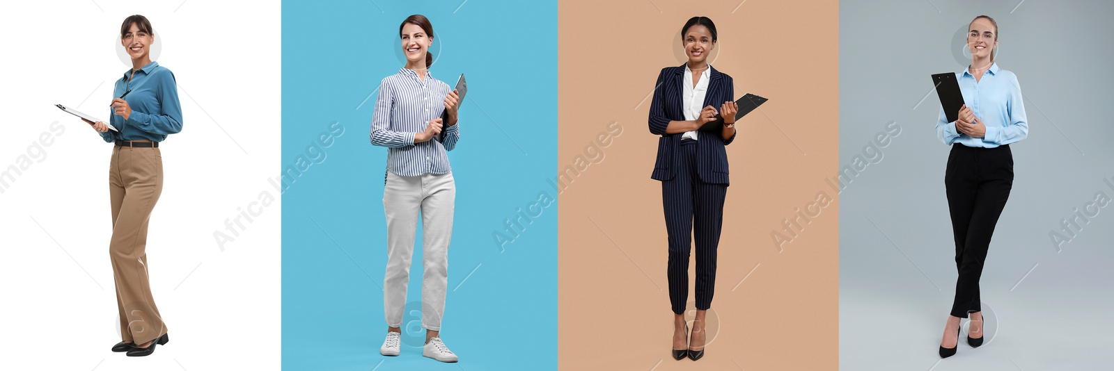 Image of Collage with photos of beautiful secretaries on different color backgrounds