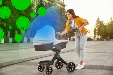 Young mother walking with her baby outdoors. Shield protecting from viruses over stroller symbolizing strong immunity