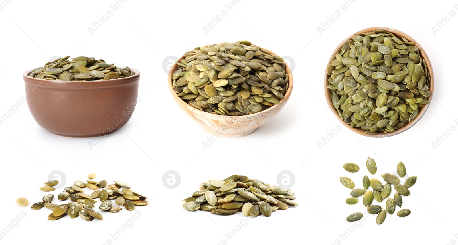 Image of Set of raw pumpkin seeds on white background