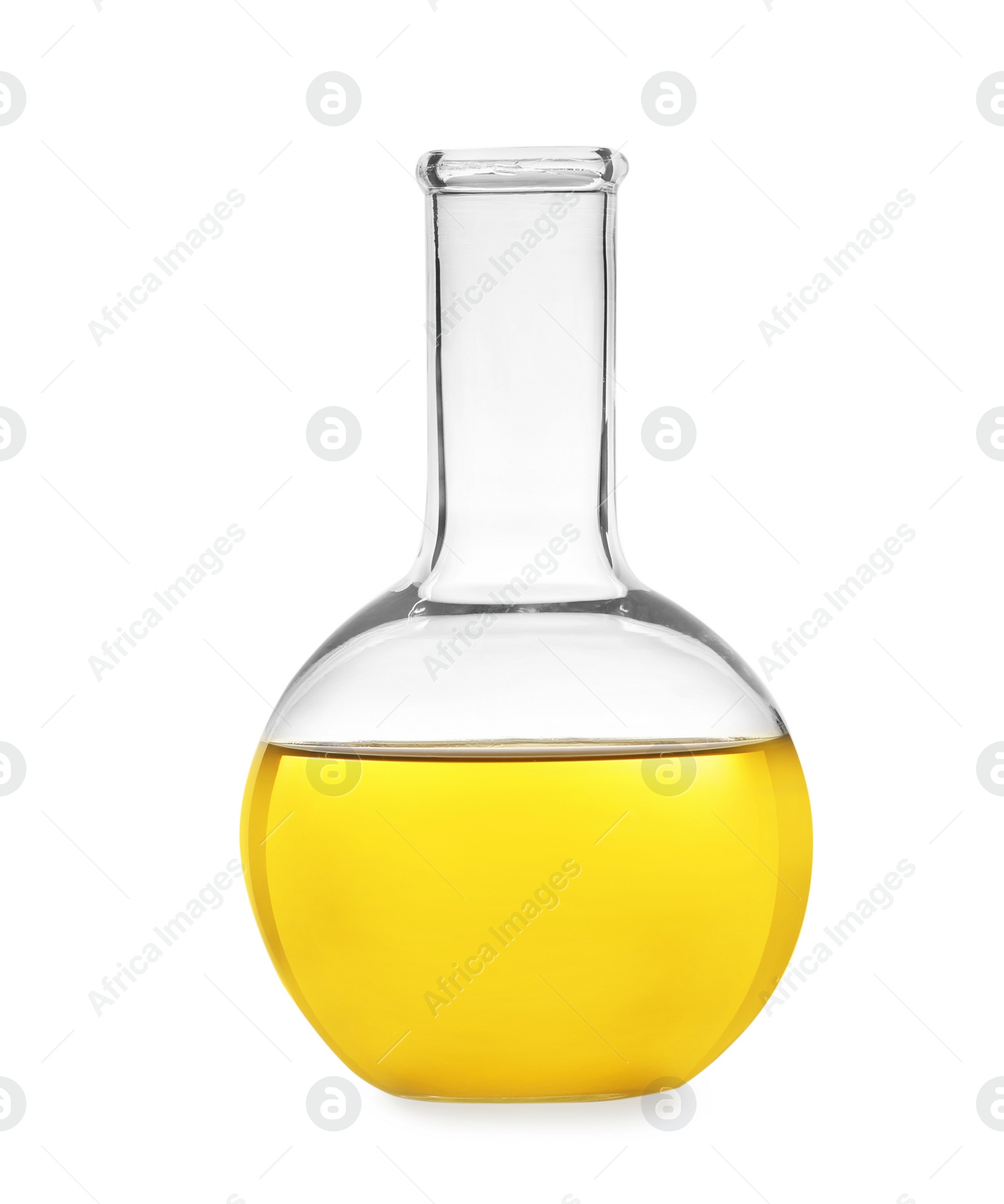 Photo of Glass flask with liquid on white background. Solution chemistry