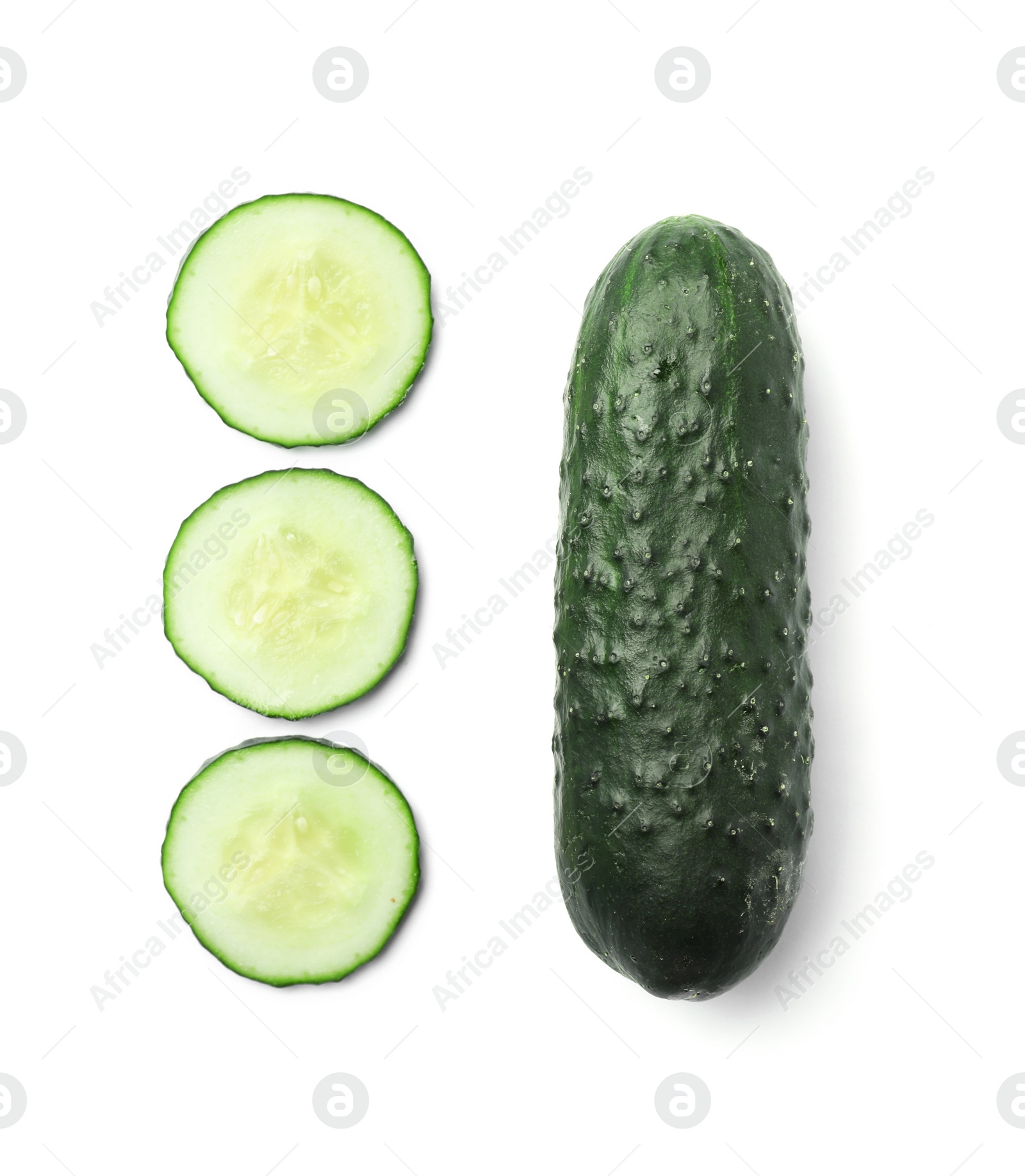 Photo of Flat lay composition with slices of cucumber on white background