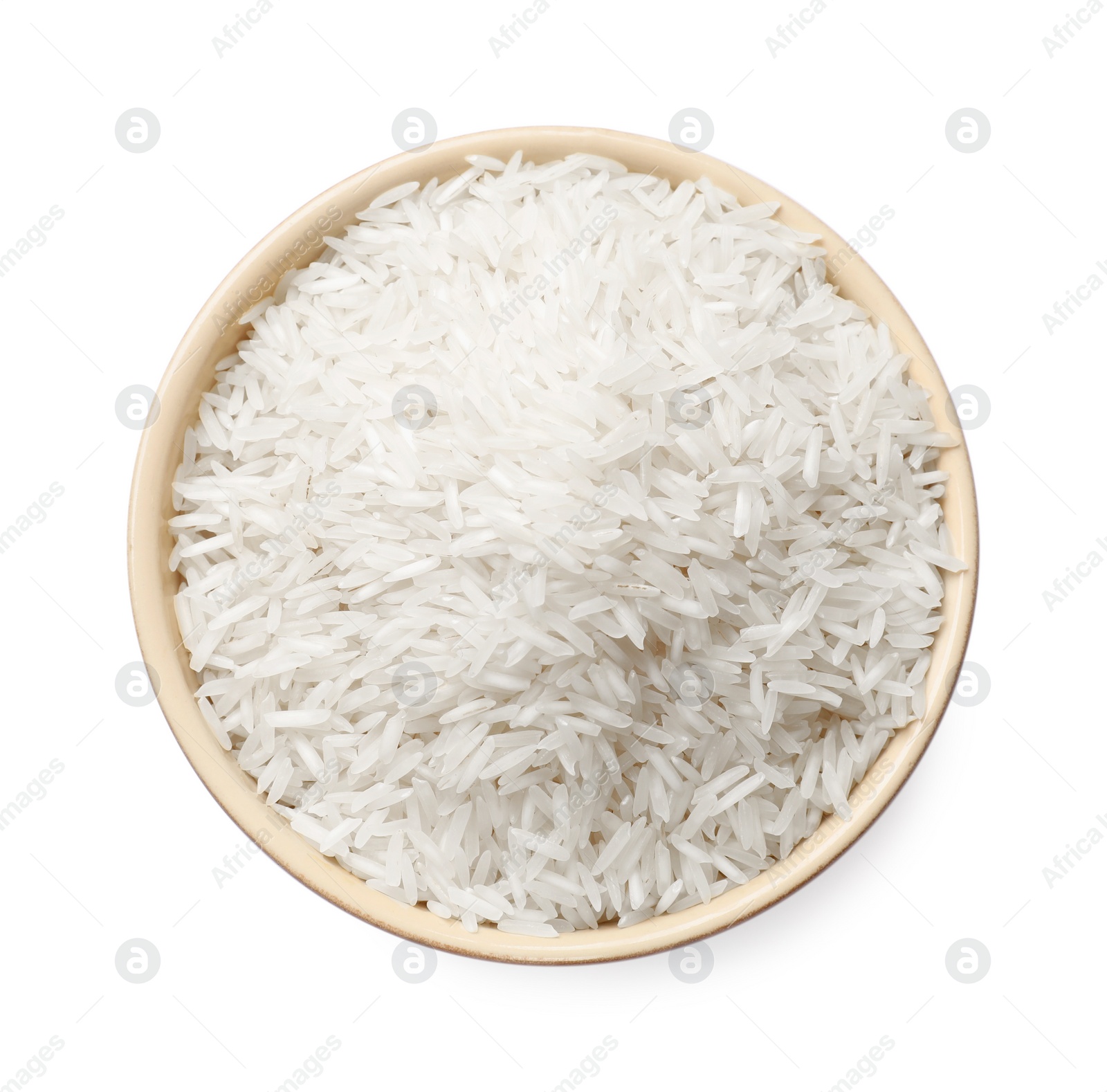 Photo of Raw basmati rice in bowl isolated on white, top view