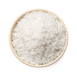 Photo of Raw basmati rice in bowl isolated on white, top view