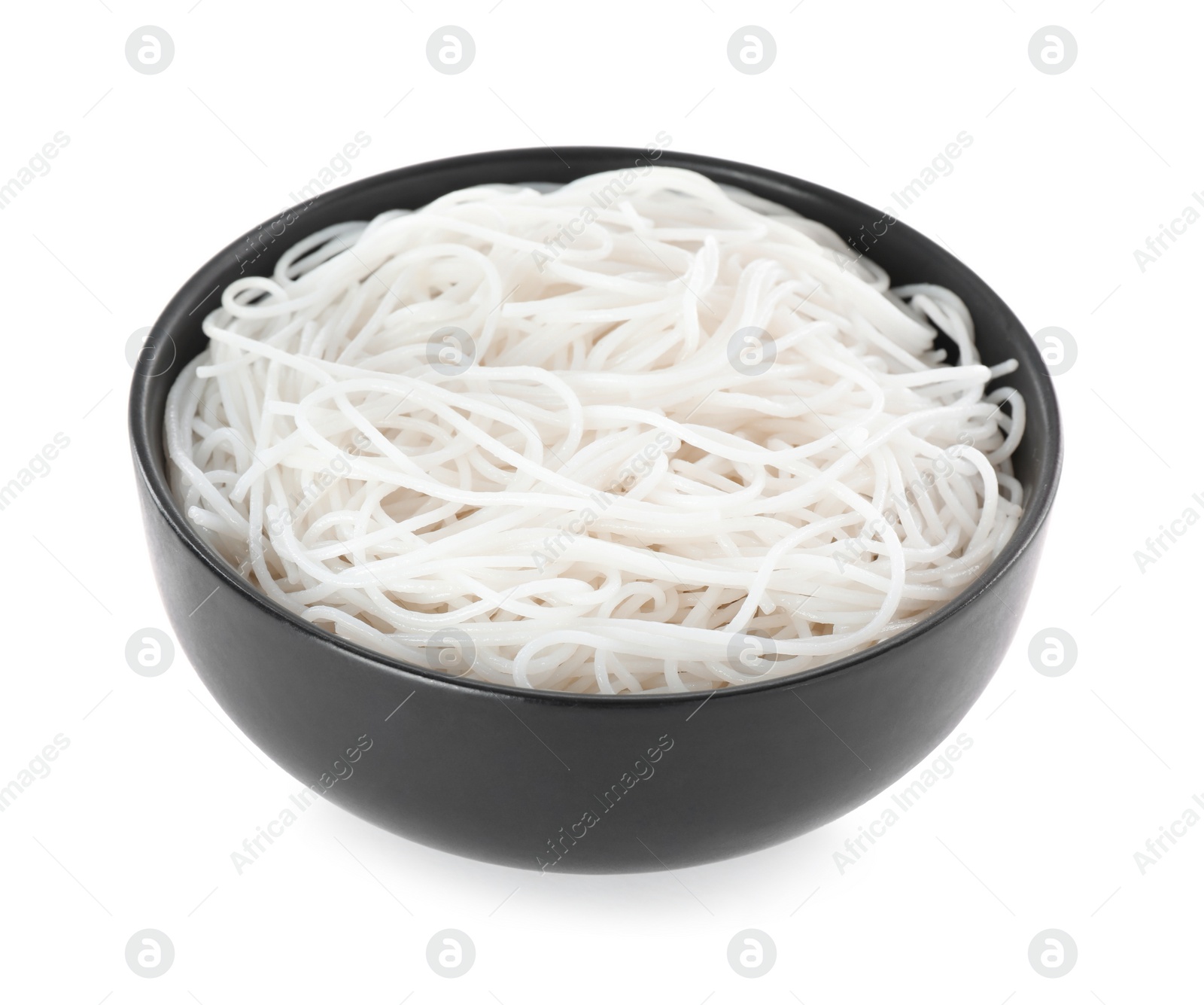 Photo of Bowl with cooked rice noodles isolated on white