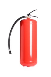 Photo of One red fire extinguisher on white background