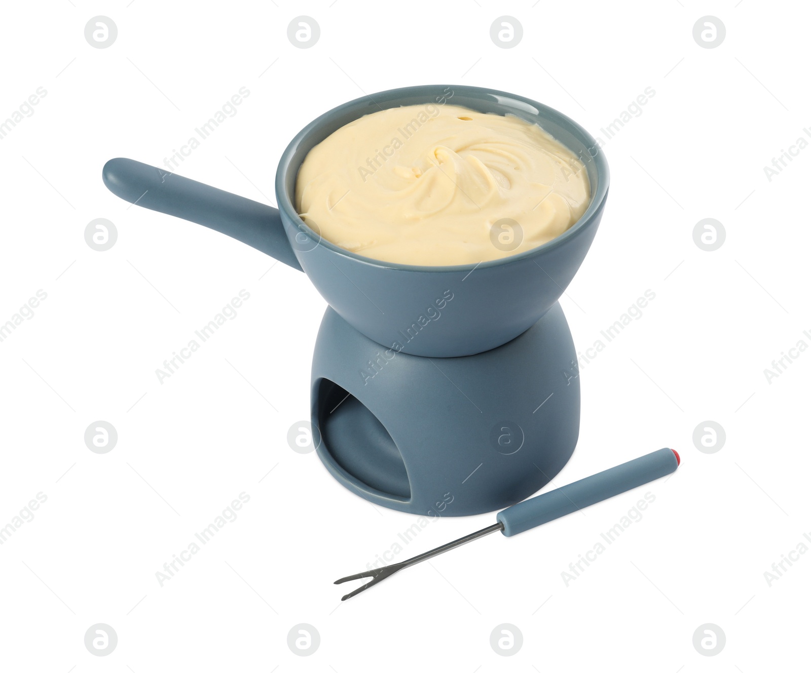 Photo of Fondue with tasty melted cheese and fork isolated on white