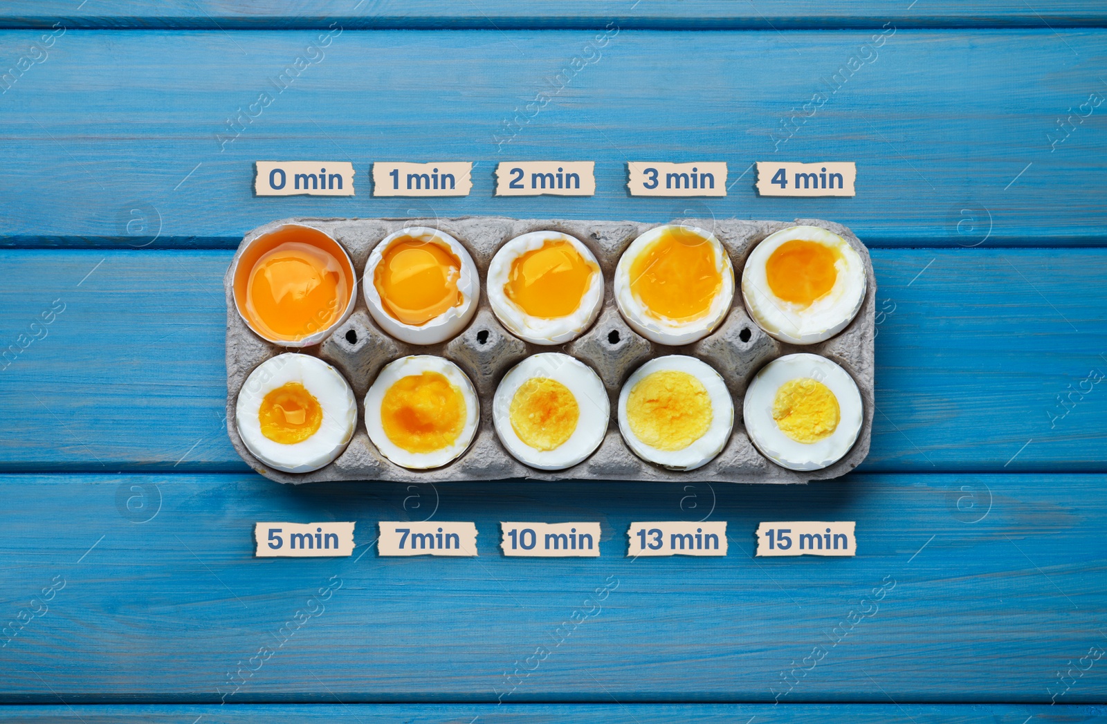 Image of Boiled chicken eggs of different readiness stages in carton on blue wooden table, top view