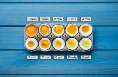 Image of Boiled chicken eggs of different readiness stages in carton on blue wooden table, top view
