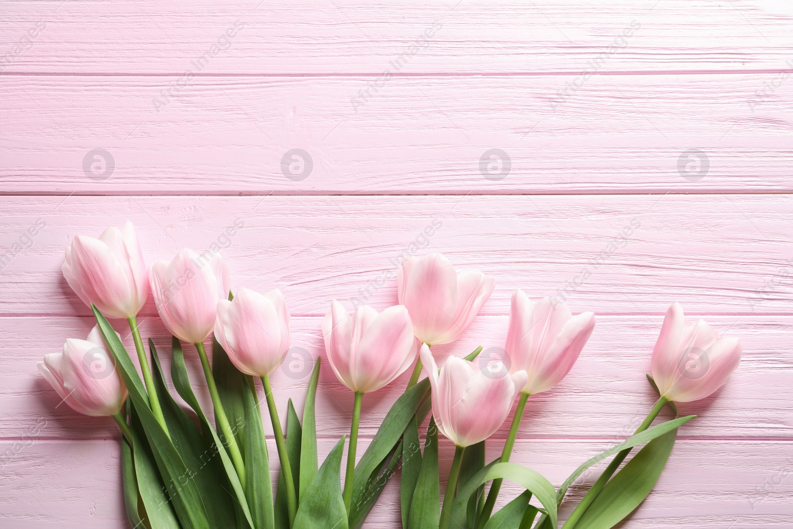 Photo of Beautiful tulips for Mother's Day on wooden background, top view