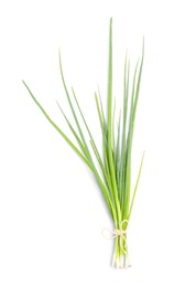 Photo of Tied bunch of fresh green spring onions on white background, top view