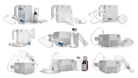 Image of Set of modern nebulizers on white background. Inhalation equipment