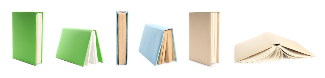 Image of Collection of different hardcover books on white background. Banner design