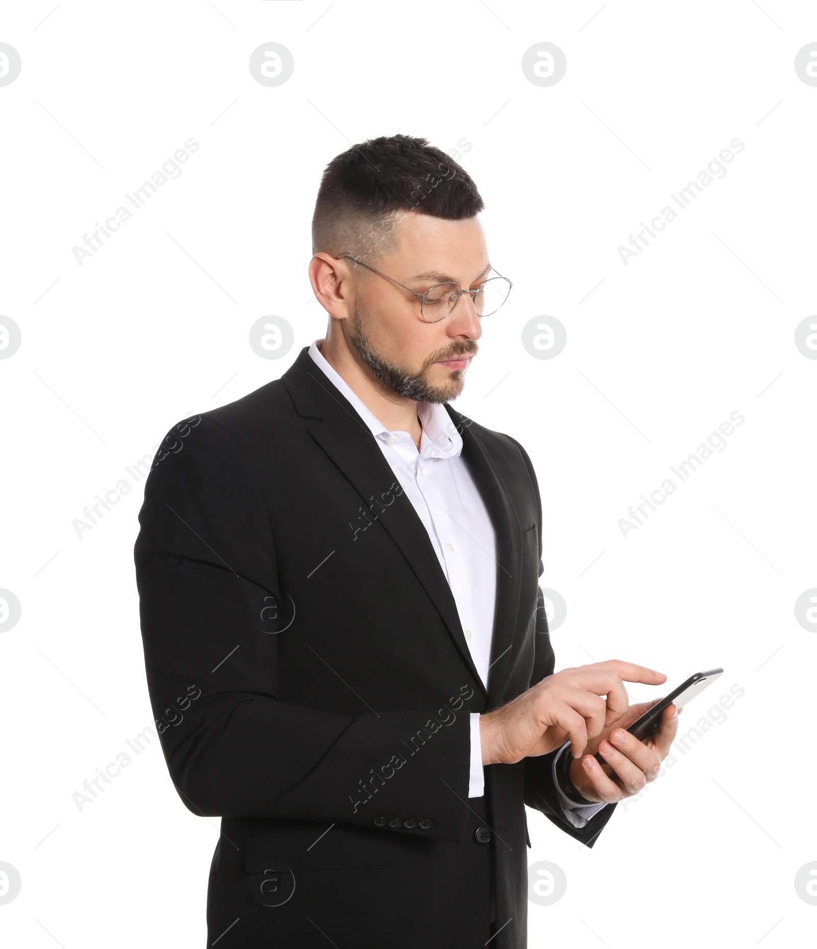 Photo of Businessman in glasses with smartphone on white background