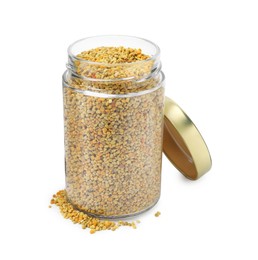 Photo of Fresh bee pollen granules in jar isolated on white