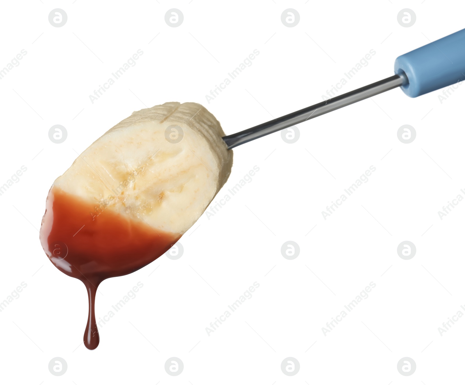 Photo of Banana with chocolate on fondue fork against white background