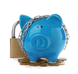Photo of Piggy bank with steel chain, padlock and coins isolated on white. Money safety concept