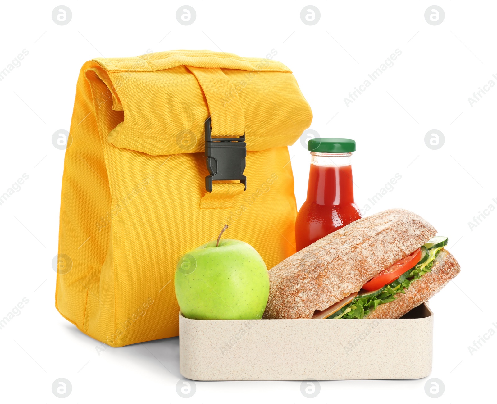 Photo of Lunch box with appetizing food, bottle of juice and bag on white background