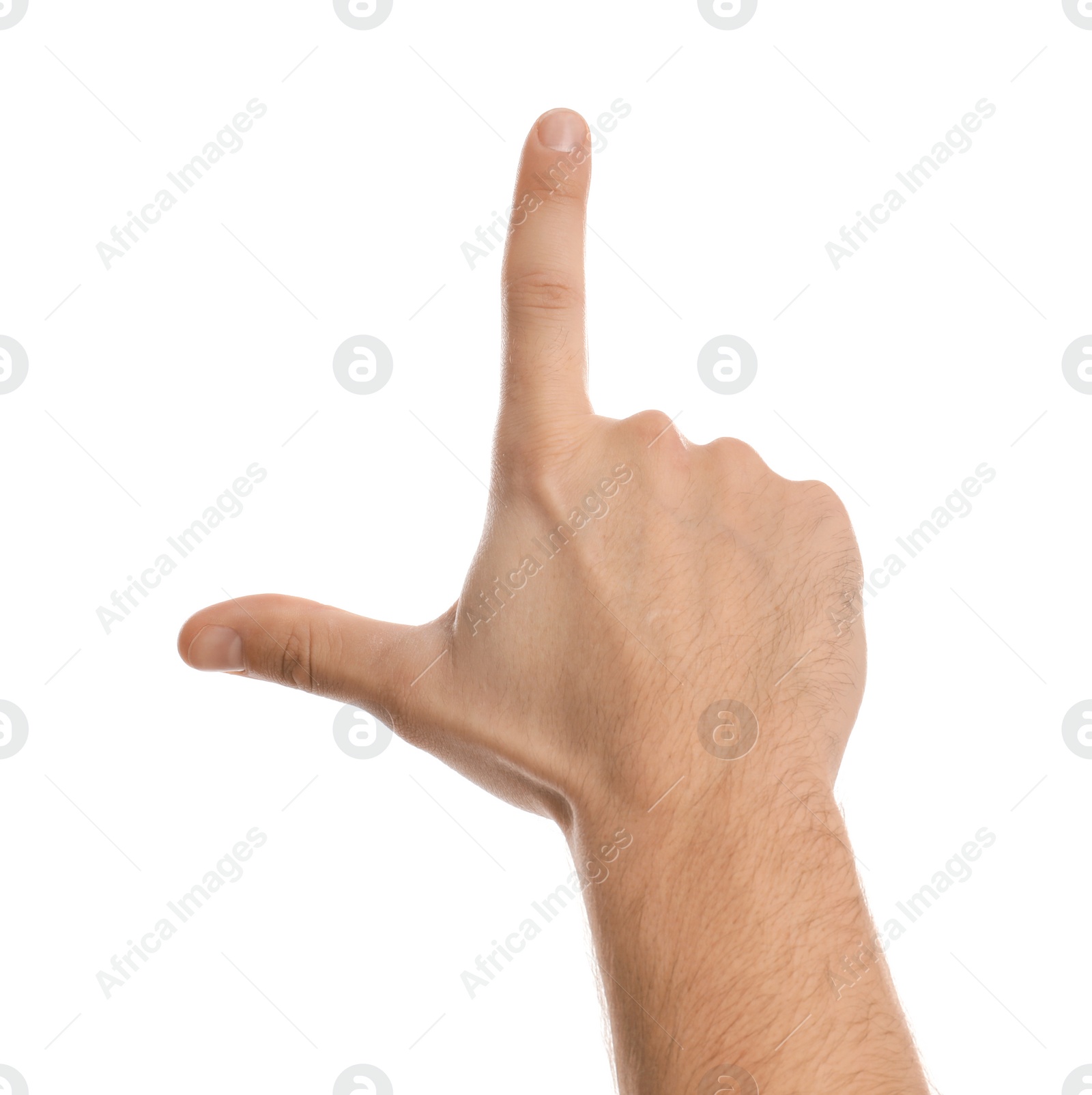 Photo of Man making frame with his hand on white background, closeup