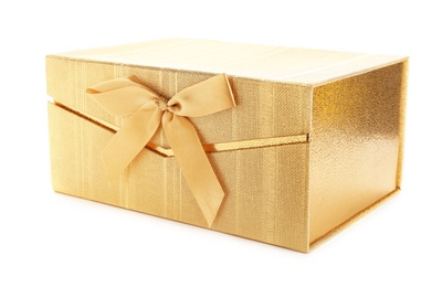 Photo of Beautiful golden gift box on white background