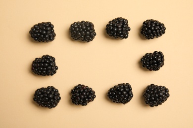 Flat lay composition with ripe blackberries on color background