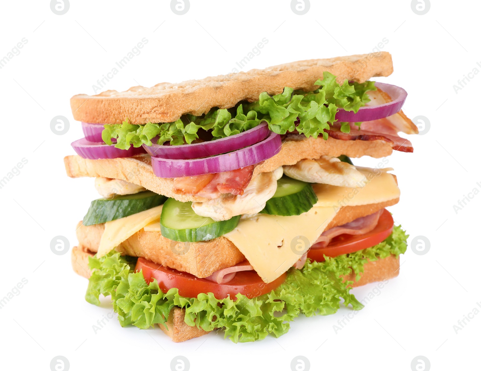 Photo of Tasty sandwich with chicken, ham and bacon isolated on white