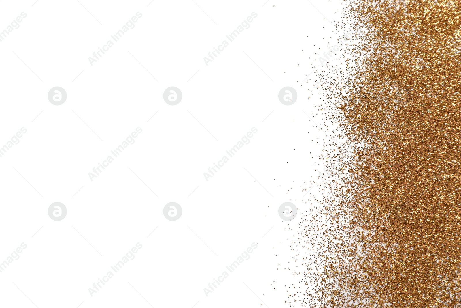 Photo of Shiny golden glitter on white background, top view