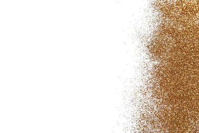 Photo of Shiny golden glitter on white background, top view