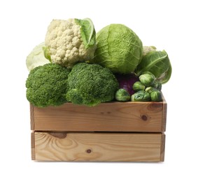 Wooden crate with different types of fresh cabbage on white background