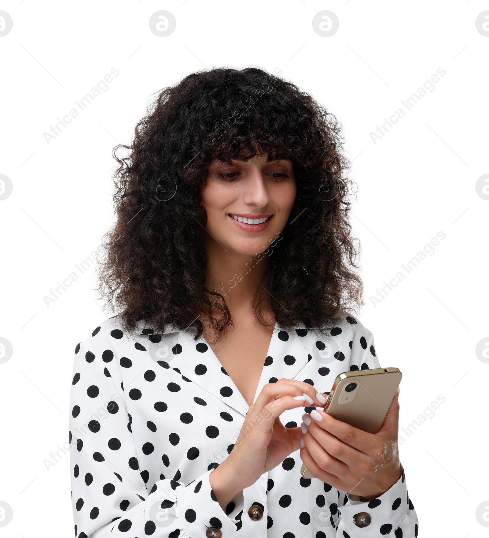 Photo of Woman sending message via smartphone isolated on white