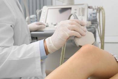 Doctor conducting ultrasound examination of patient's knee in clinic, closeup