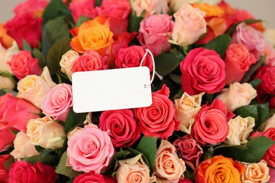 Bouquet of beautiful roses with blank card, closeup