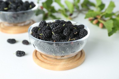 Delicious ripe black mulberries in glass bowl on white table, closeup