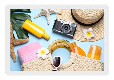 Paper photo. Flat lay composition with different beach accessories on light blue background