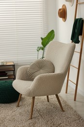 Comfortable armchair with cushion in living room. Interior design