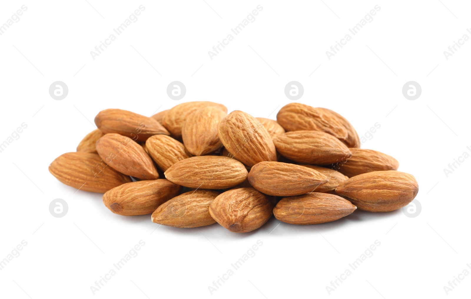 Photo of Pile of organic almond nuts on white background. Healthy snack