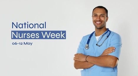 Image of National Nurses Week, May 06-12. Nurse with stethoscope on light grey background, banner design