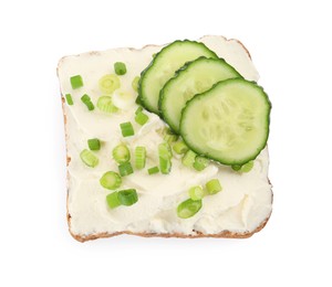 Delicious sandwich with cream cheese, cucumber and chives isolated on white, top view
