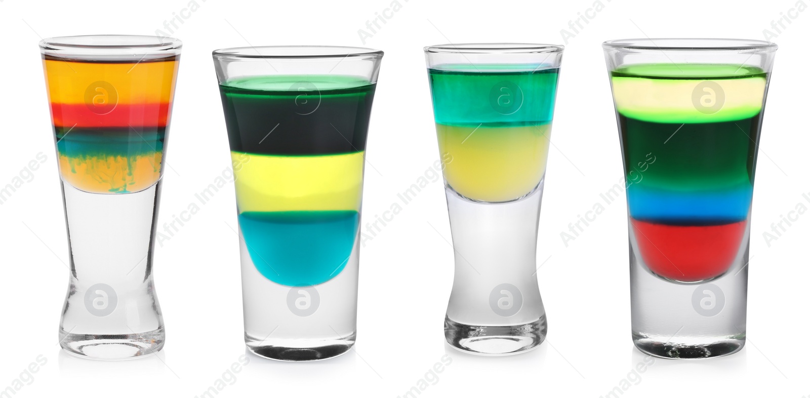 Image of Different shooters in shot glasses isolated on white, set