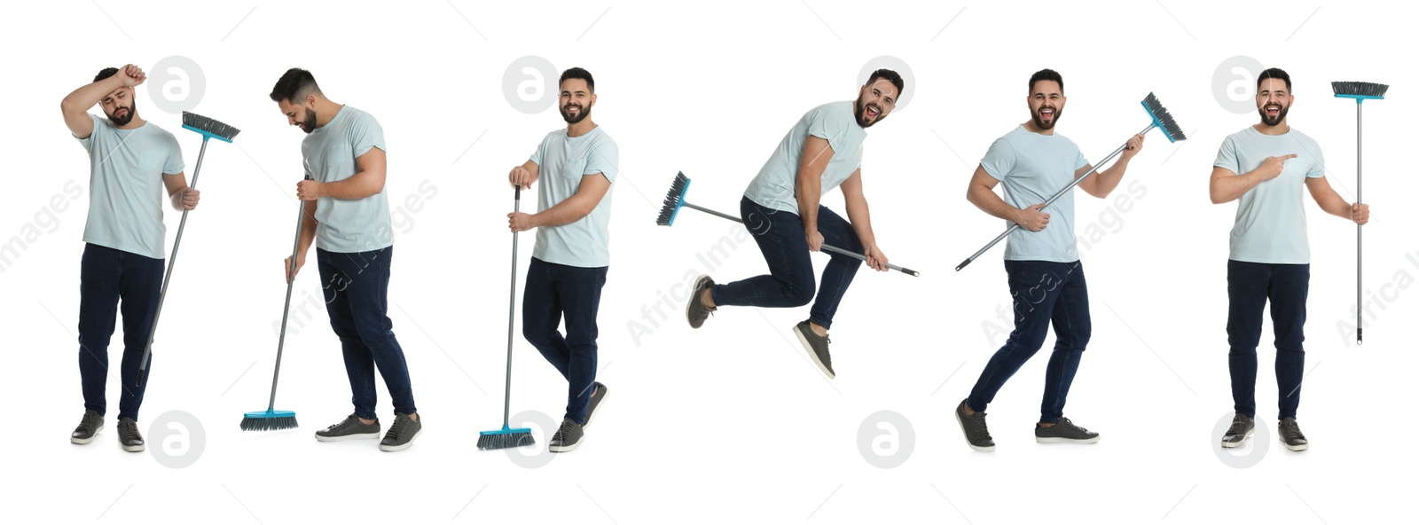 Image of Collage with photos of handsome man with broom on white background. Banner design