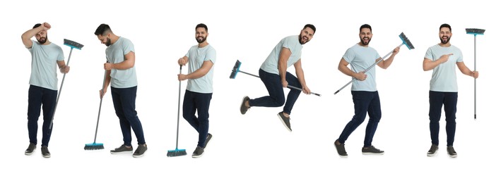 Collage with photos of handsome man with broom on white background. Banner design