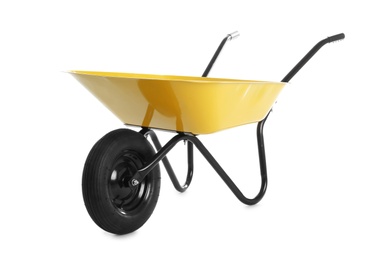 Photo of Color wheelbarrow isolated on white. Gardening tool