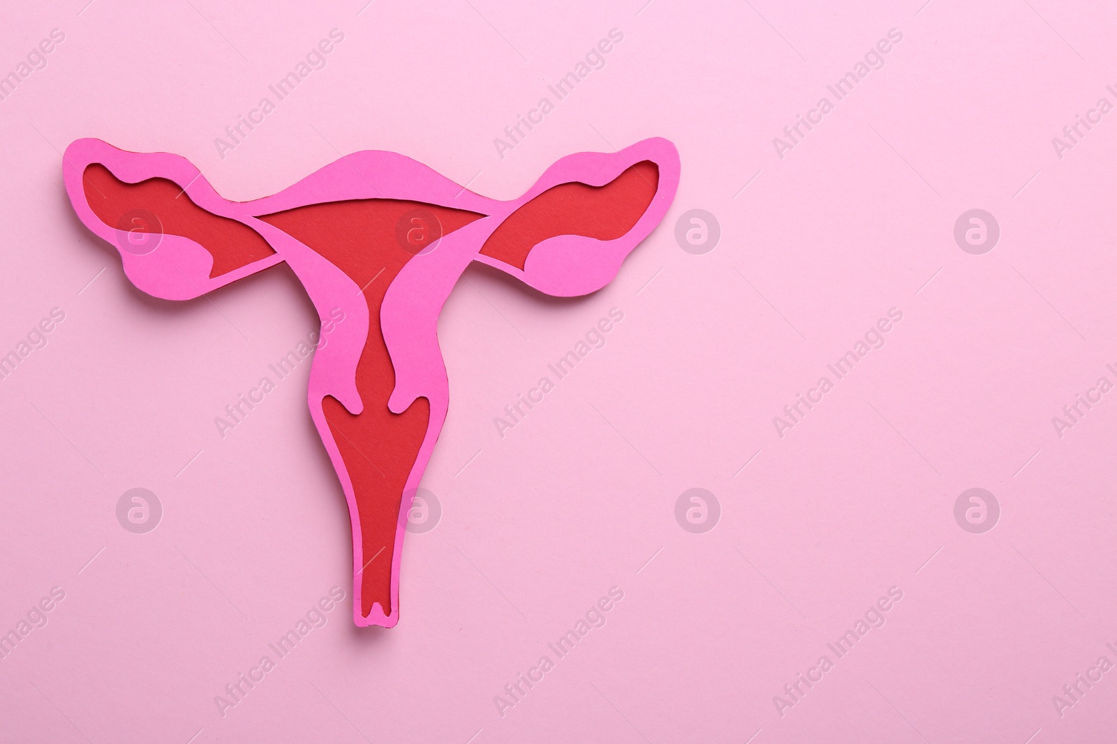 Photo of Reproductive medicine. Paper uterus on pink background, top view with space for text