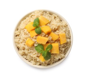 Photo of Tasty quinoa porridge with pumpkin and mint in bowl isolated on white, top view