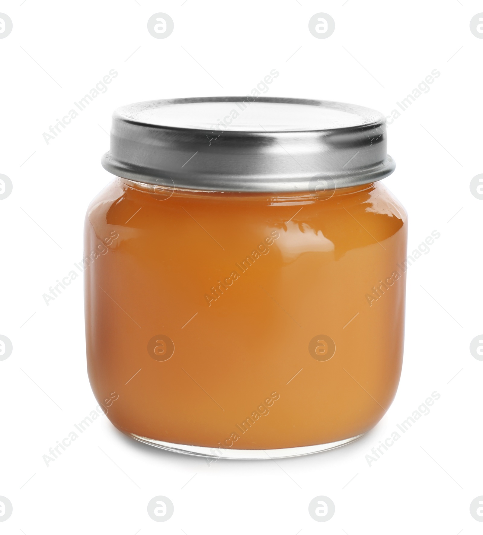 Photo of Jar with healthy baby food on white background